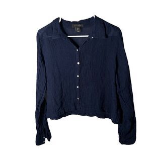 Tahari Shirt Women's Large 100% Linen Textured Button Up Navy Cropped Top